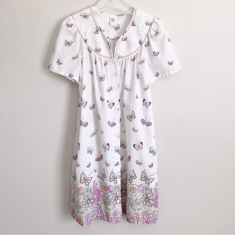 Butterfly Housecoat Snap Front Nightgown Pajama Lounge Dress White Pink Small - Picture 3 of 12